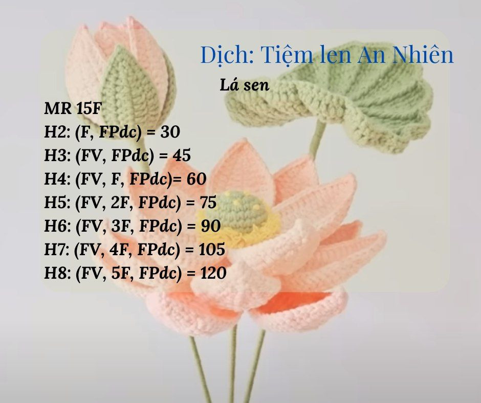 Hướng dẫn móc hoa sen gồm hoa, nhụy hoa, lá, búp...