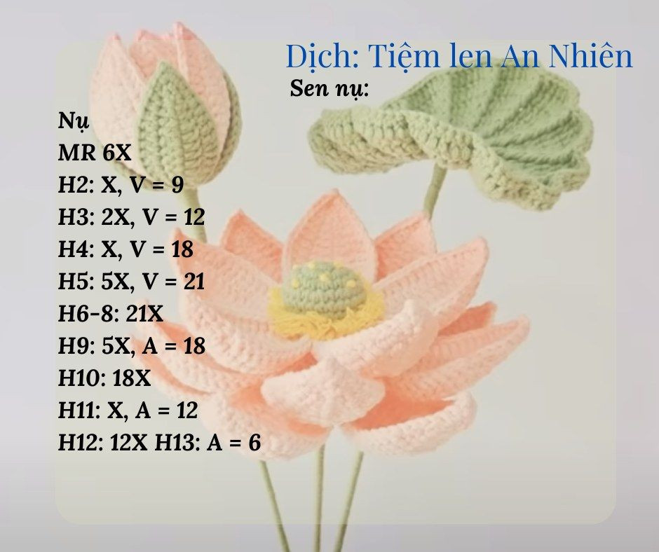 Hướng dẫn móc hoa sen gồm hoa, nhụy hoa, lá, búp...