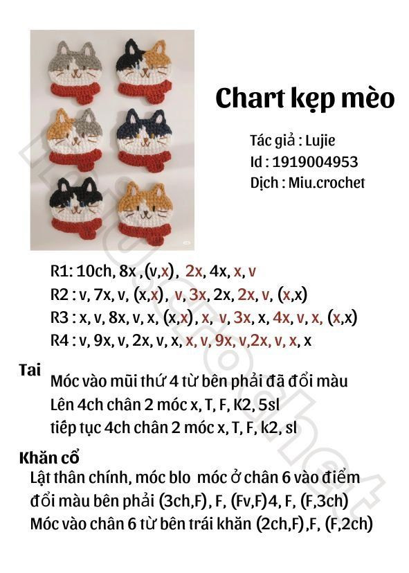 Hướng dẫn móc kẹp tóc mèo (chart kẹp mèo)