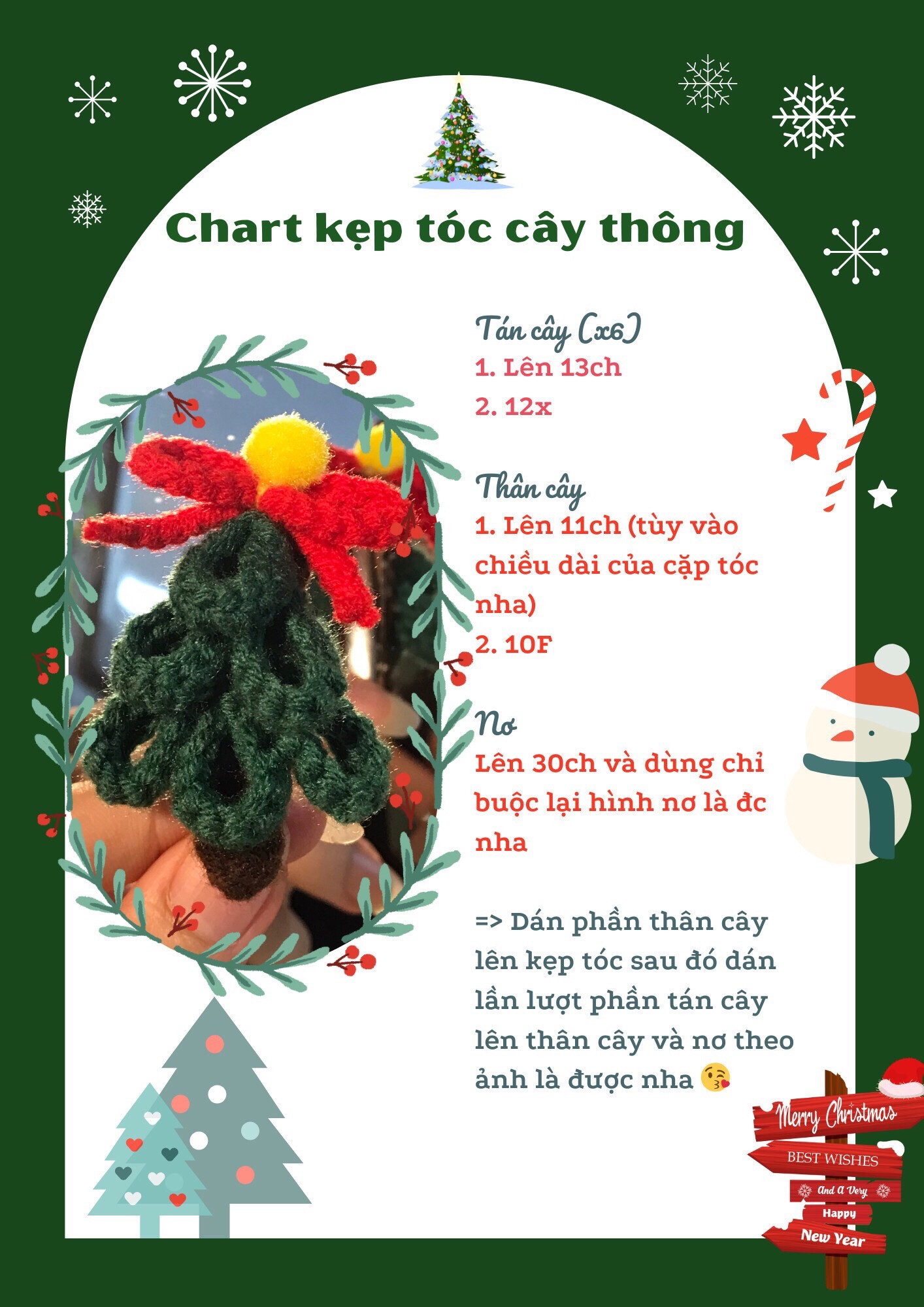 hướng dẫn móc len kẹp tóc cây thông noel