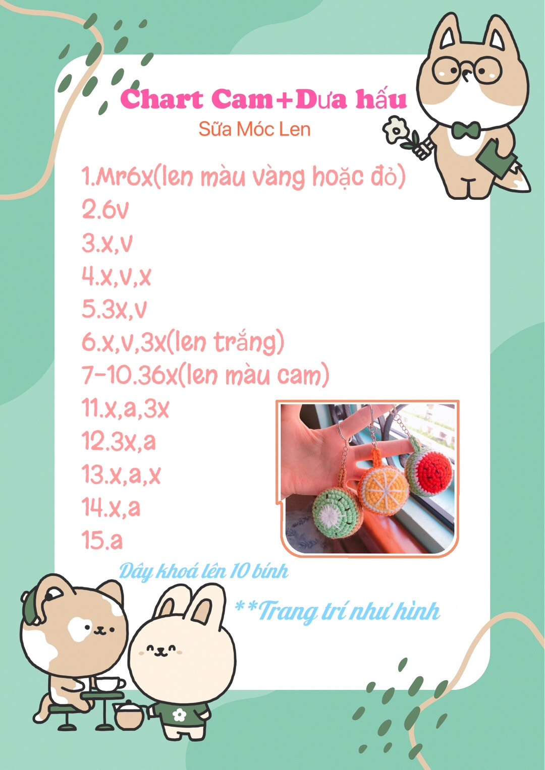 Hướng dẫn móc len móc khóa kiwi, móc khóa cam và dưa hấu.