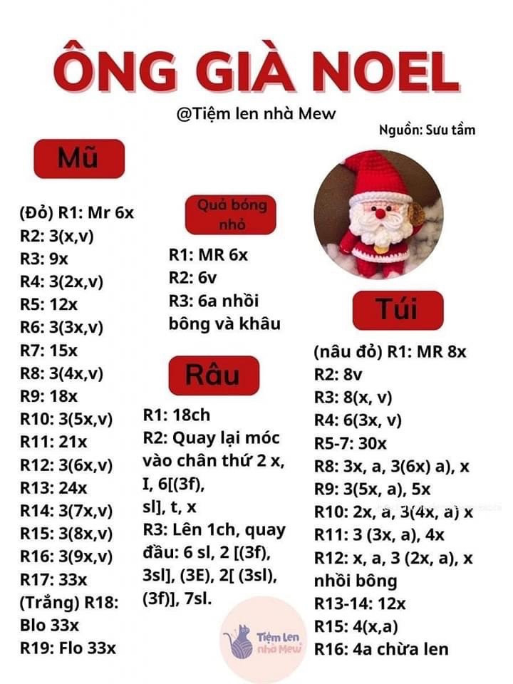 Hướng dẫn móc ông già noel đội mũ râu trắng