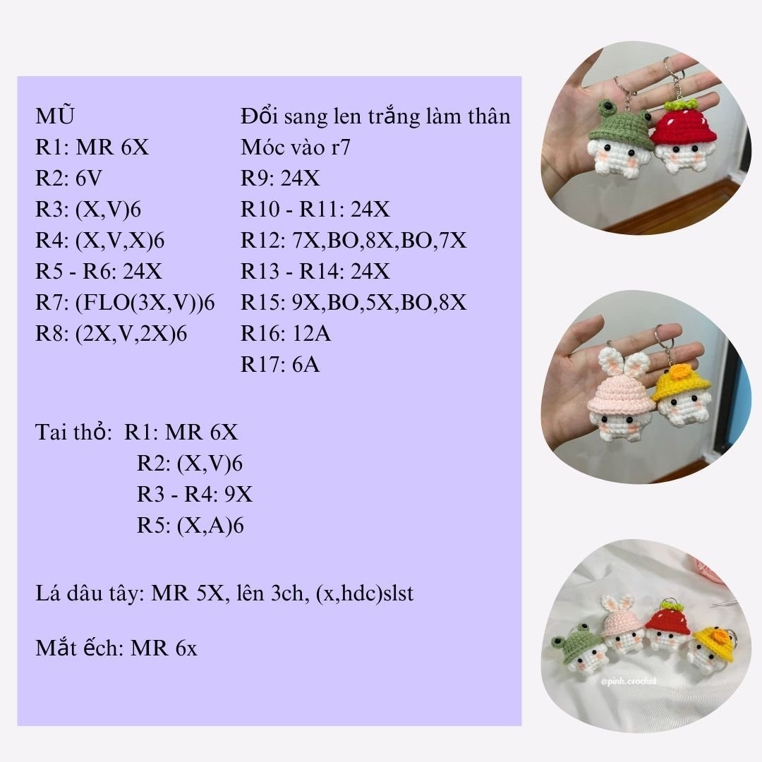 Hướng dẫn móc thỏ đội mũ ếch, mũ dâu tây, mũ vịt, mũ thỏ