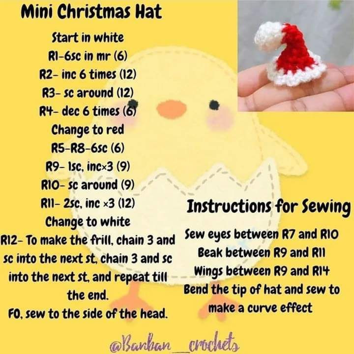 Instructions for crocheting duck keychains wearing Christmas hats