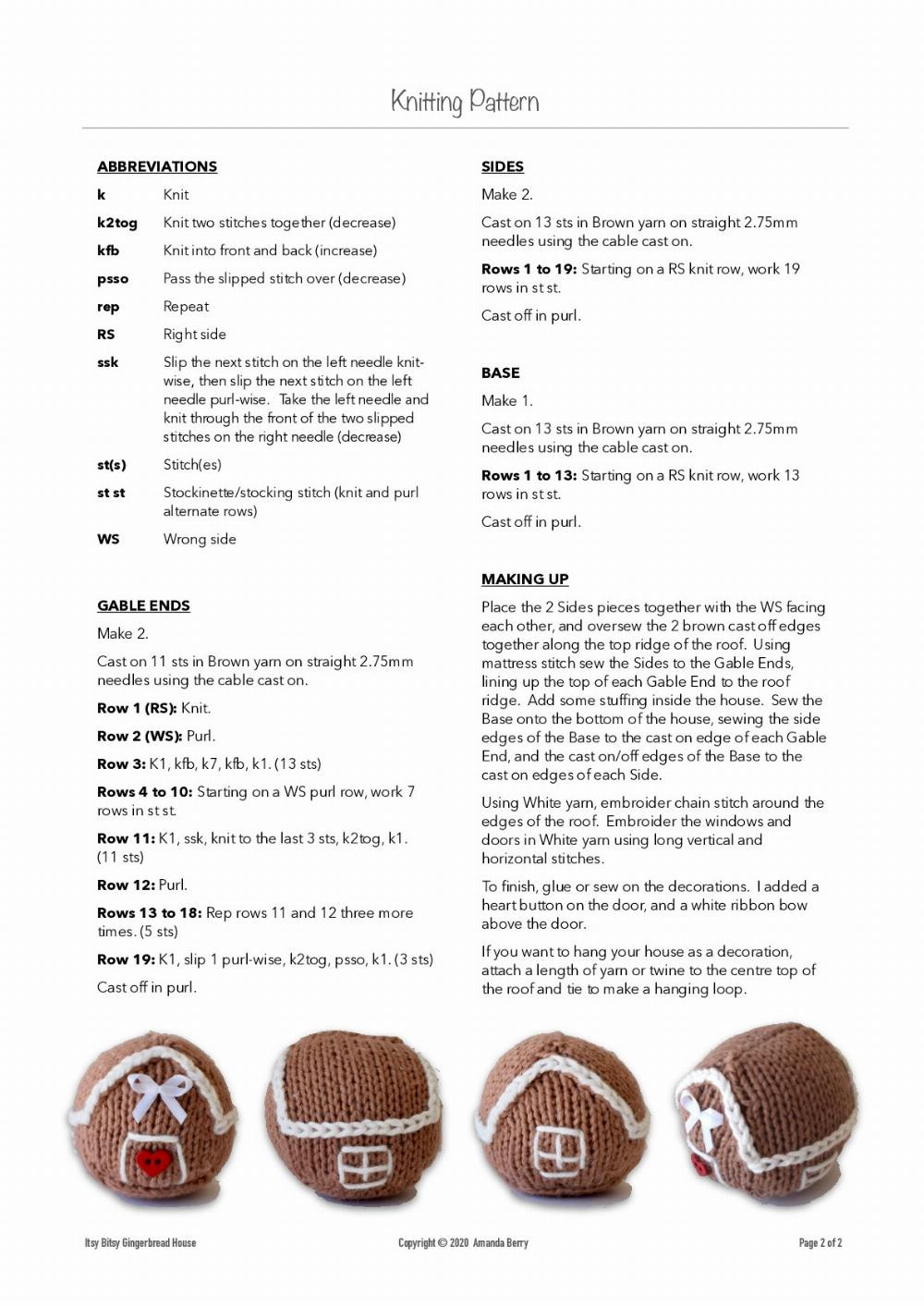 * Itsy Bitsy Gingerbread House * KNITTING PATTERN