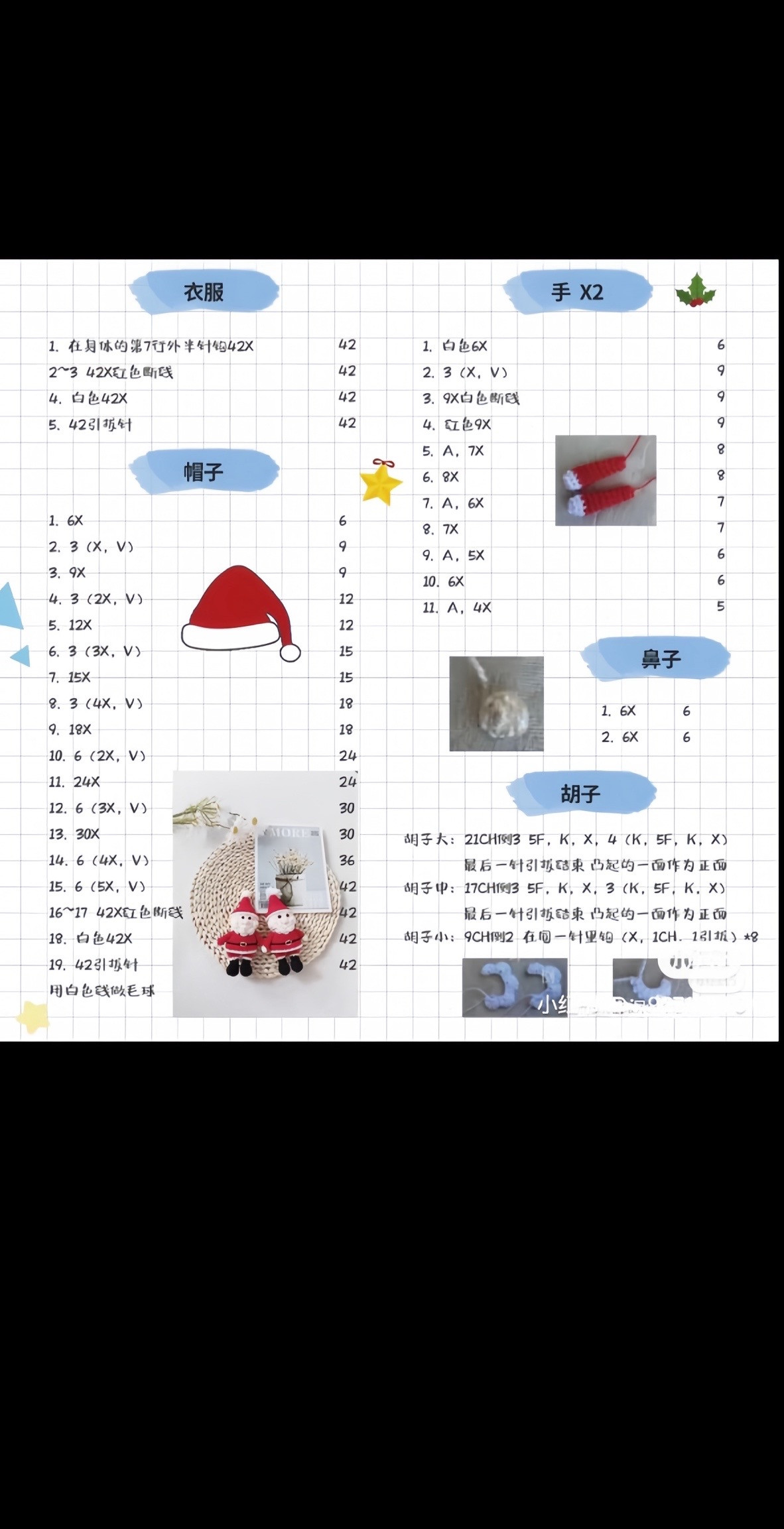 Santa Claus crochet pattern, white beard, red hat and clothes.