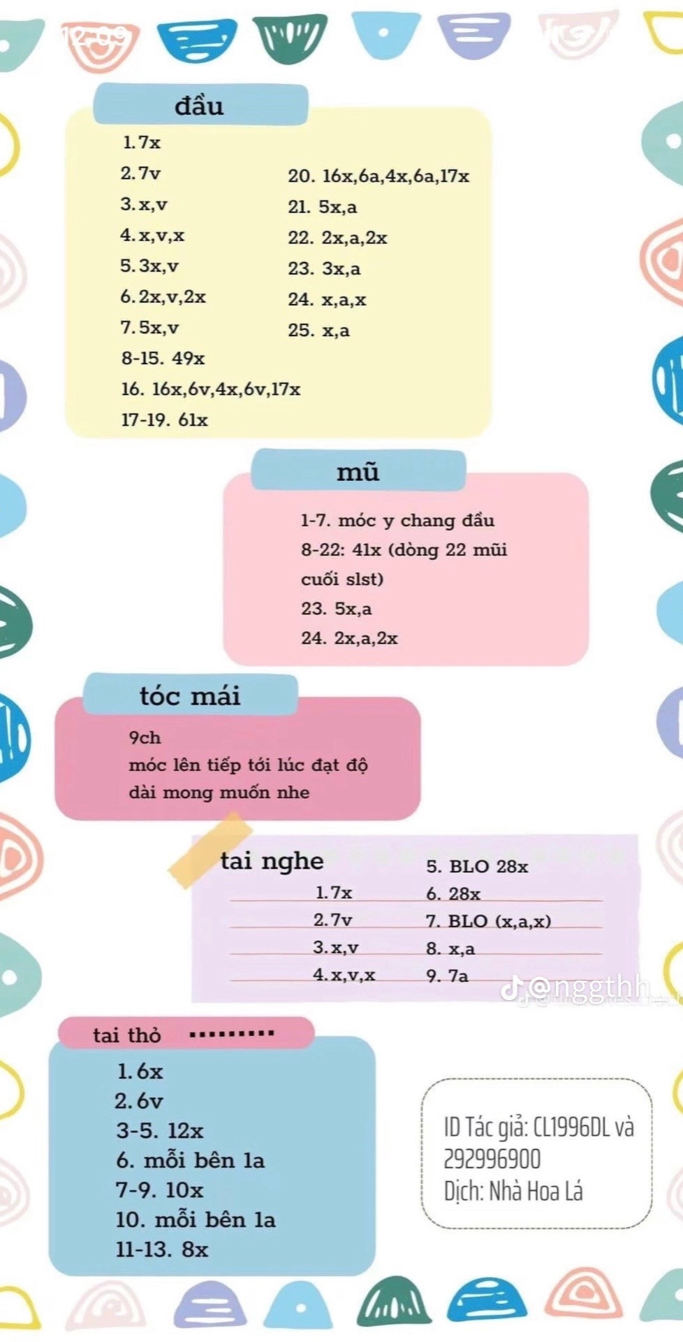 Tổng hợp 12 chart móc đơn giản: Chart móc chim cánh cụt, bé bunny mochi (đầu thỏ) mũ heo nghiêm nghị, mũ dâu tây và ngôi sao, mũ sinh nhật con hổ, mèo bánh bao, rồng đeo yếm, heo mặc pijama thỏ, mini girl, hoa móc khóa, totoro, ghim cài áo, mũ thỏ mini.