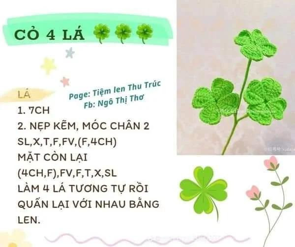 Tổng hợp 4 chart móc hoa đơn giản, Chart hoa cúc mặt cười, chart hoa chuông, chart cỏ bốn lá.