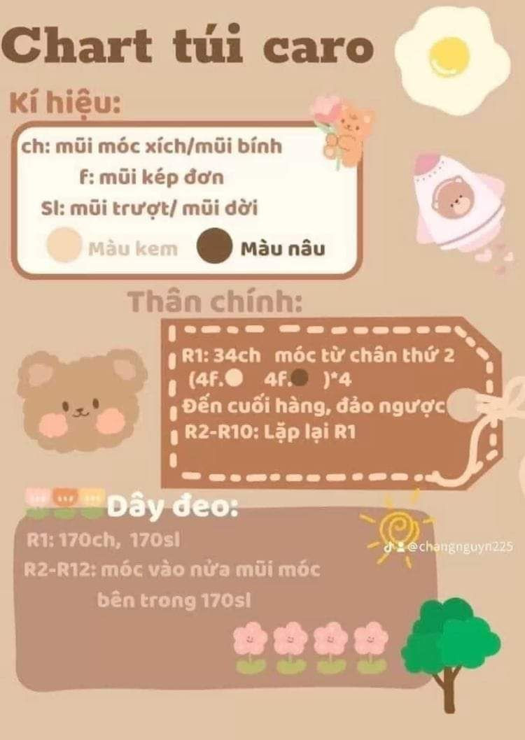 Tổng hợp chart móc tùi:  tùi caro, túi kuromi, túi cinnamoroll, túi mèo hello kitty, túi pochacco, túi cà rốt, túi len thỏ, túi melody, túi hoa xinh, túi rút kuromi, chart túi barbie, túi chữ nhật,