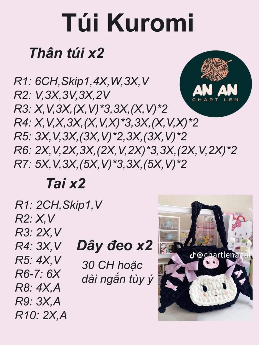 Tổng hợp chart móc tùi:  tùi caro, túi kuromi, túi cinnamoroll, túi mèo hello kitty, túi pochacco, túi cà rốt, túi len thỏ, túi melody, túi hoa xinh, túi rút kuromi, chart túi barbie, túi chữ nhật,