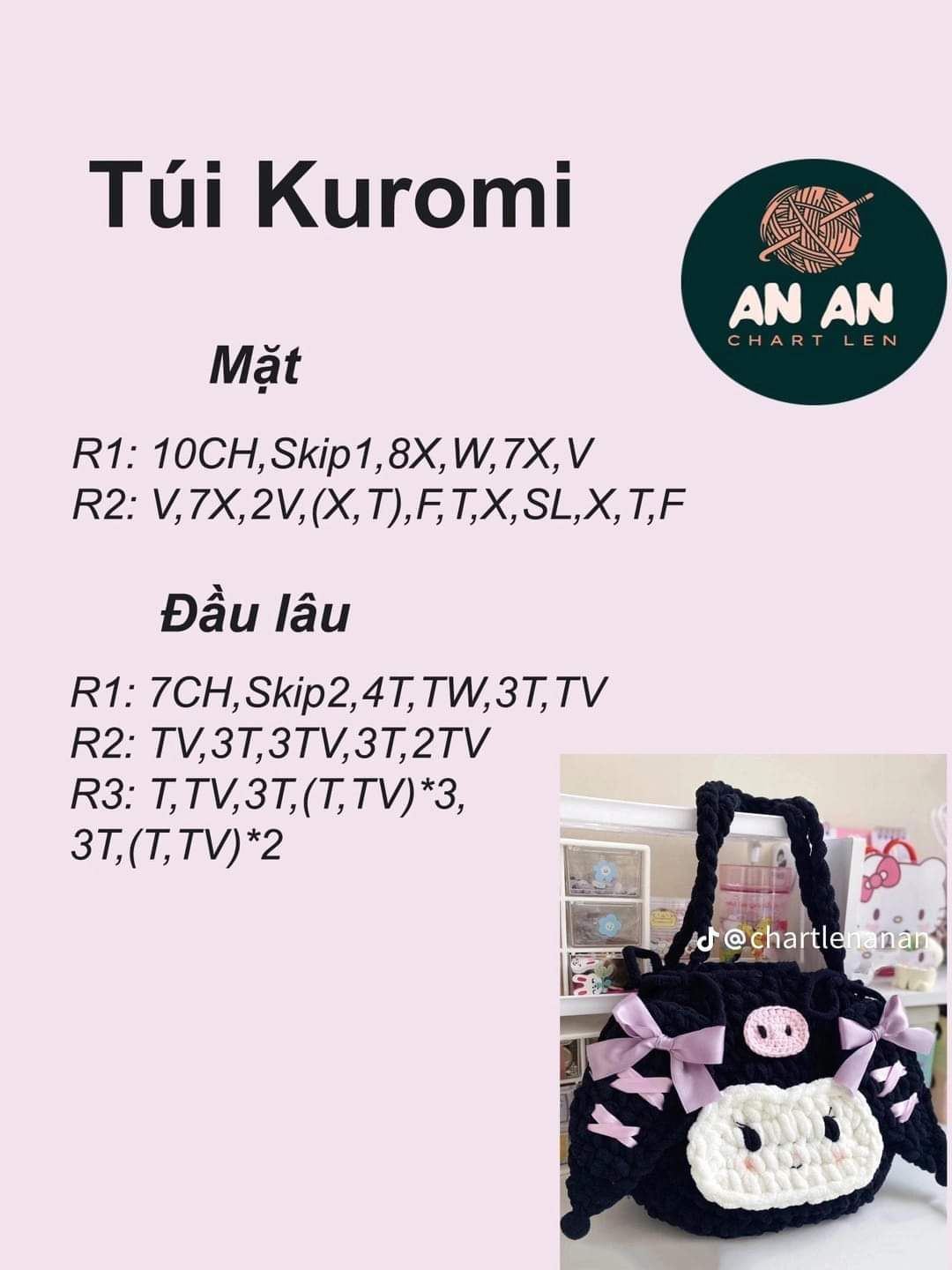 Tổng hợp chart móc tùi:  tùi caro, túi kuromi, túi cinnamoroll, túi mèo hello kitty, túi pochacco, túi cà rốt, túi len thỏ, túi melody, túi hoa xinh, túi rút kuromi, chart túi barbie, túi chữ nhật,