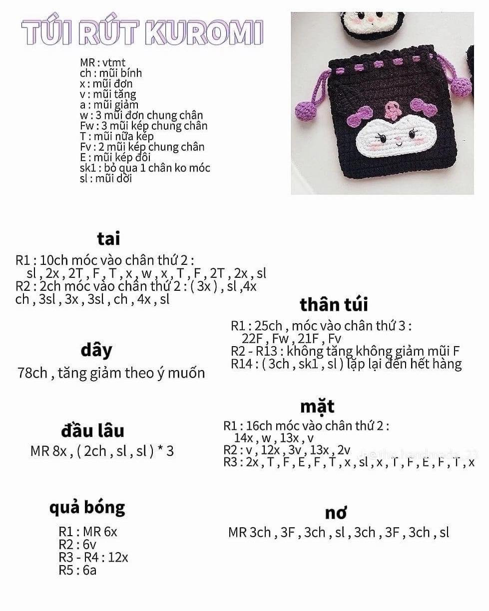 Tổng hợp chart túi rút, Túi rút vẹt bebe, túi rút thỏ cà rốt, túi rút trang trí thỏ, túi rút pompompurin, túi rút kuromi, túi rút melody, túi rút pochacco.