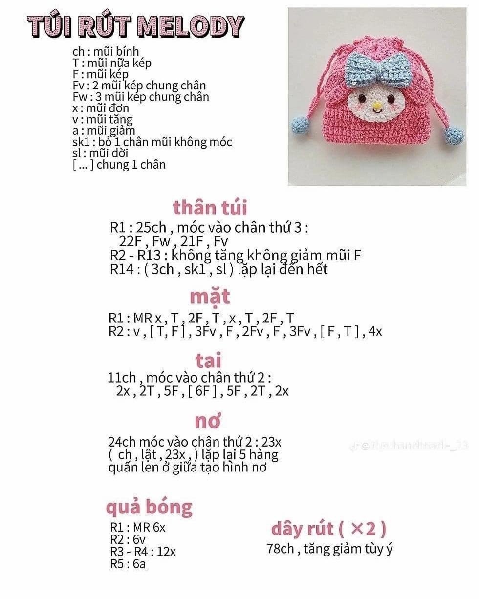 Tổng hợp chart túi rút, Túi rút vẹt bebe, túi rút thỏ cà rốt, túi rút trang trí thỏ, túi rút pompompurin, túi rút kuromi, túi rút melody, túi rút pochacco.