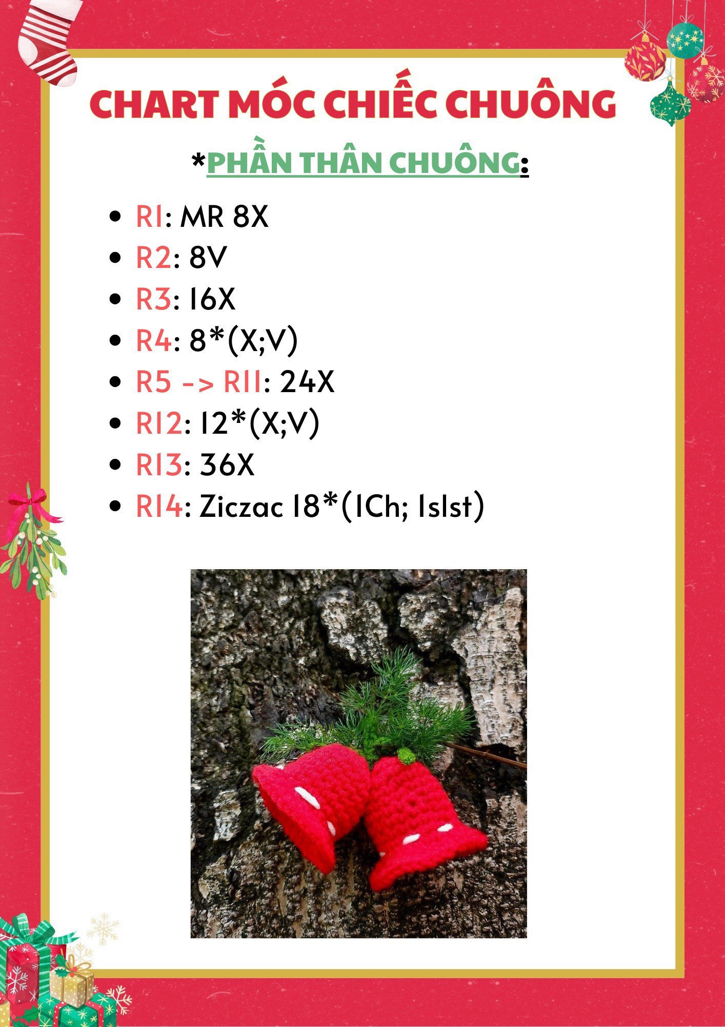 Tổng hợp một số chart móc khóa noel cute: chart móc khóa ông già noel, chart móc kẹp tóc tuần lộc, chart móc hoa tuyết, chart móc chiếc vớ cute (tất), chart móc chiếc chuông.