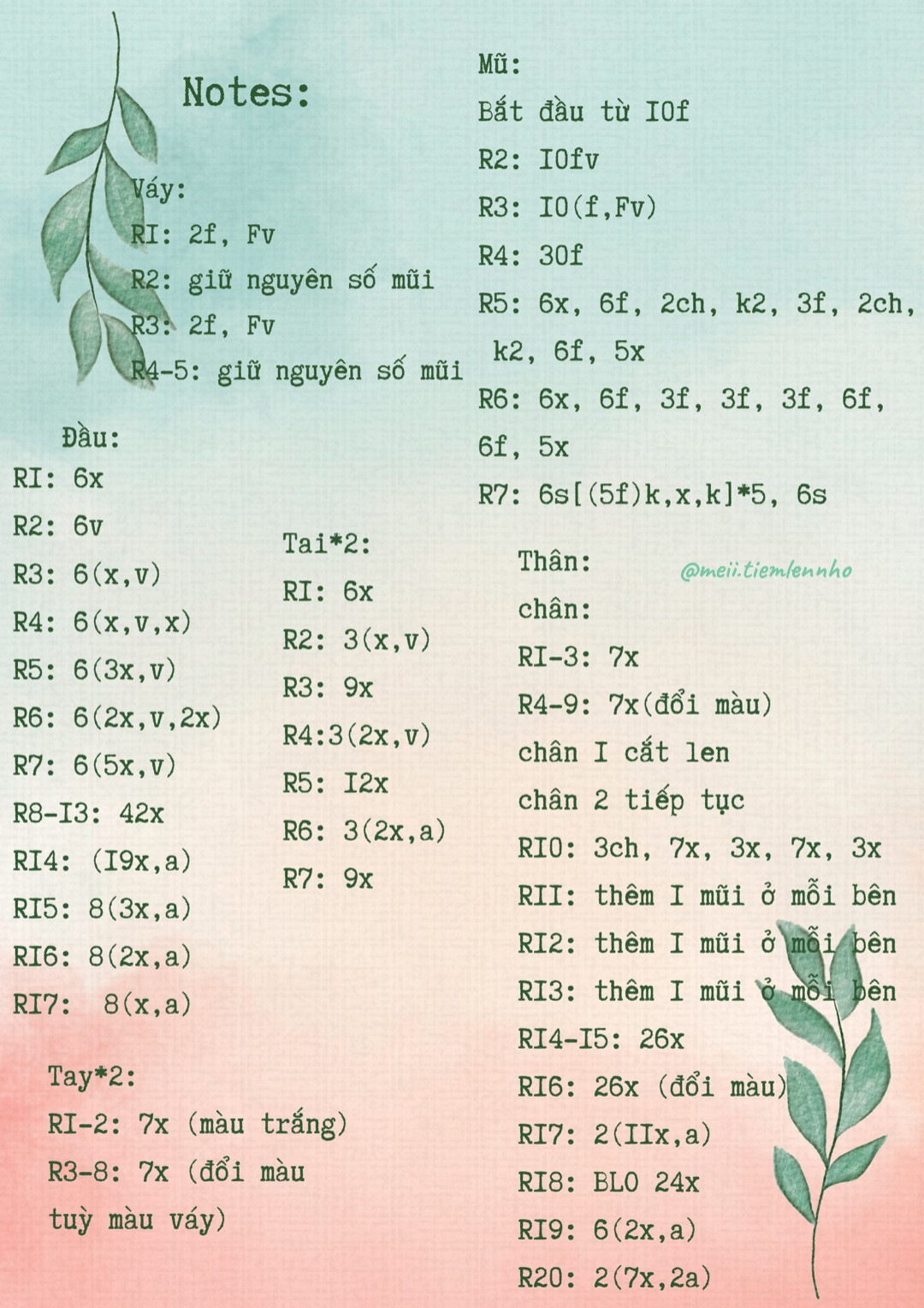 Chart Hướng dẫn móc len thỏ bà già