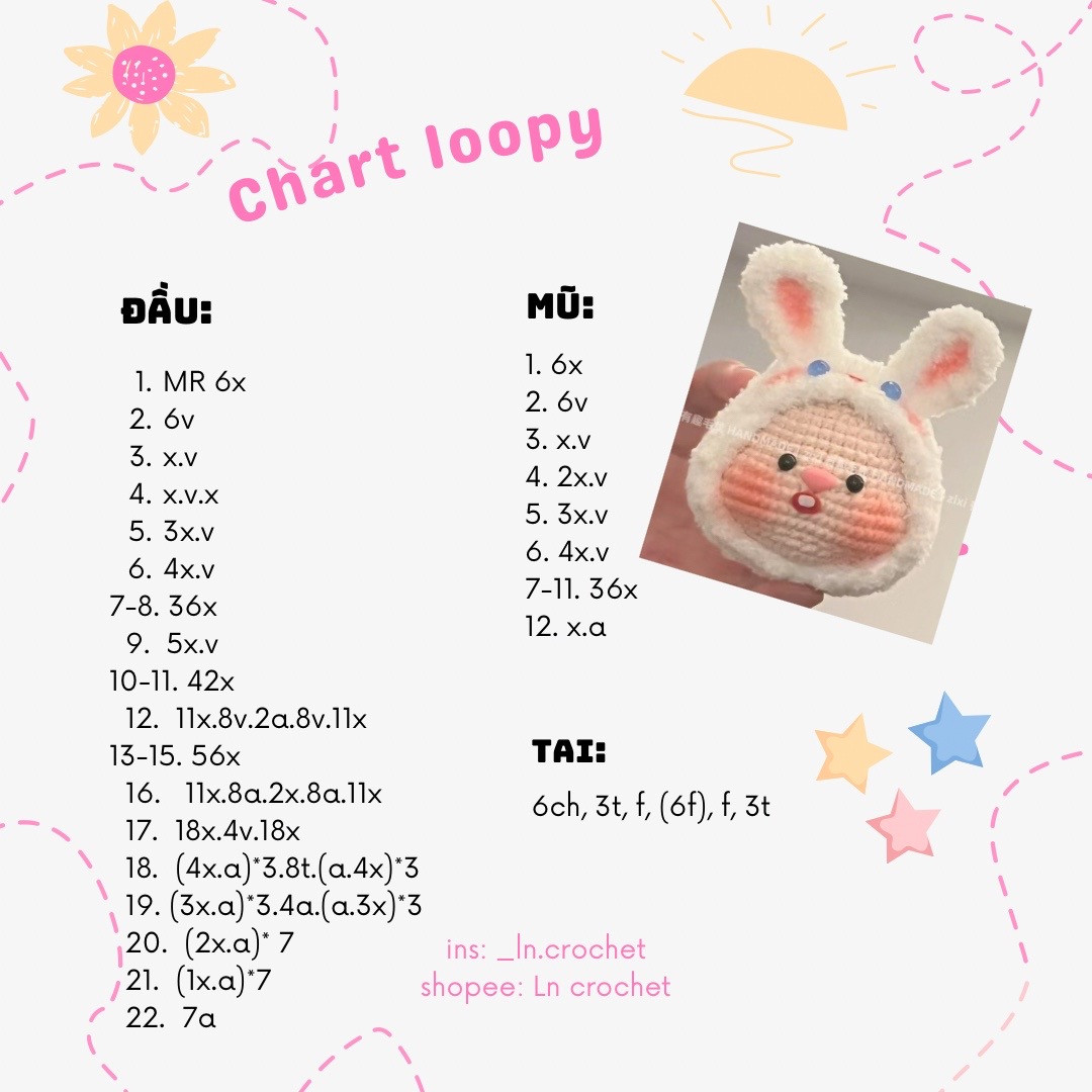 chart hướng dẫn móc loopy tai thỏ