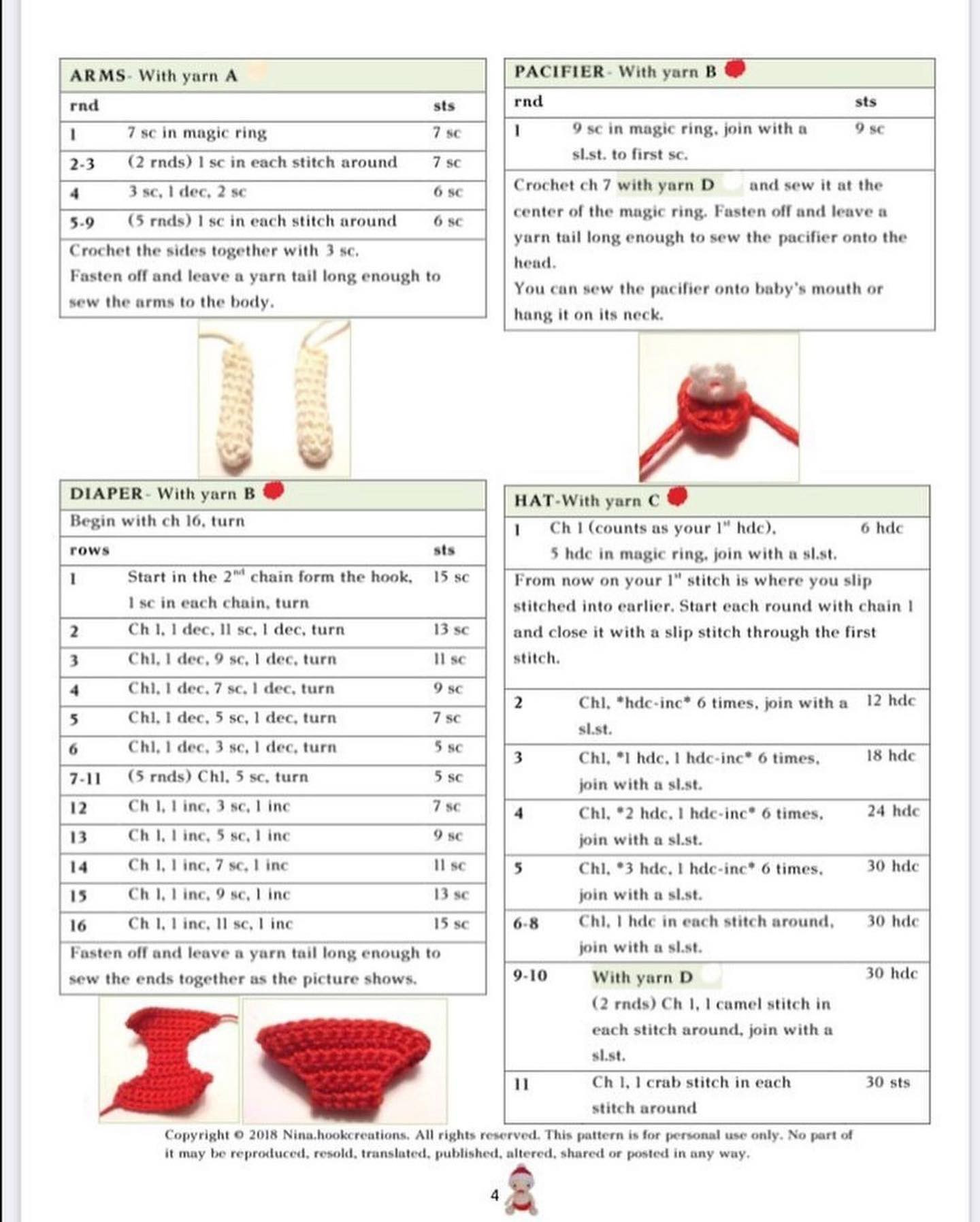 Crochet pattern for a baby holding a pacifier and wearing a red hat