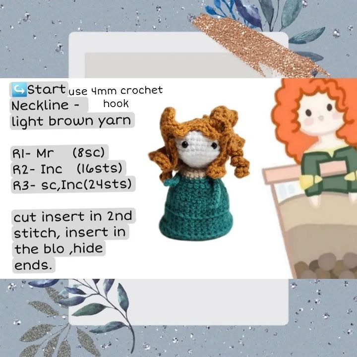 Crochet pattern for a brown haired doll wearing a blue dress