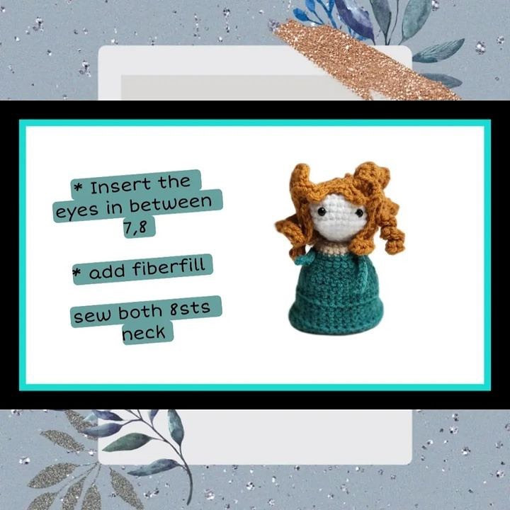 Crochet pattern for a brown haired doll wearing a blue dress