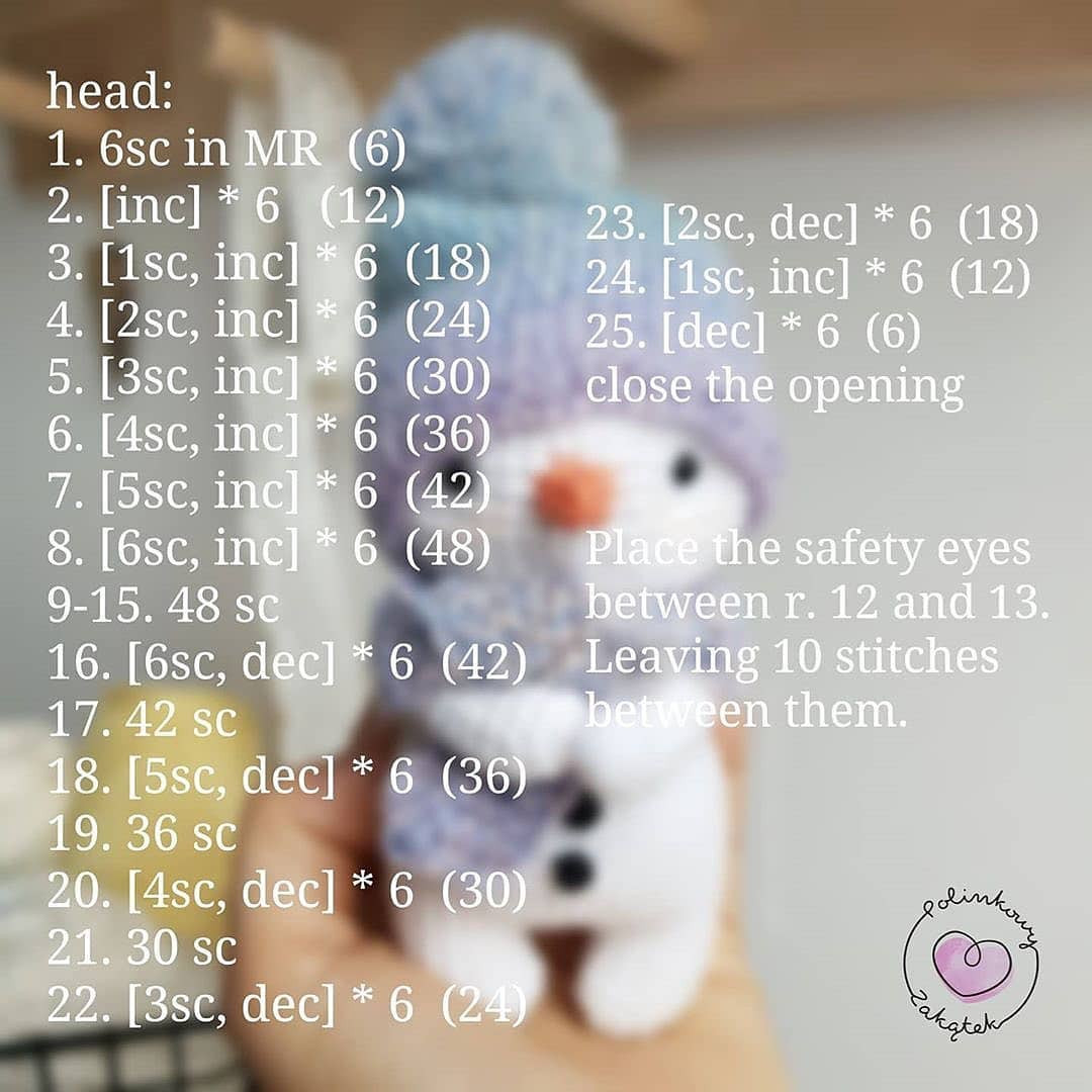 Crochet pattern for a snowman wearing a beanie