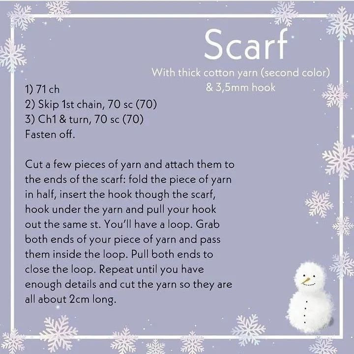 Crochet pattern for a snowman wearing a hat and a scarf
