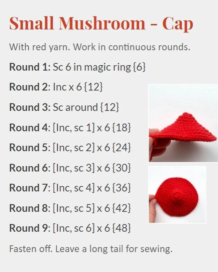 Crochet pattern for mushrooms with red hat and white dots 🍄🍄