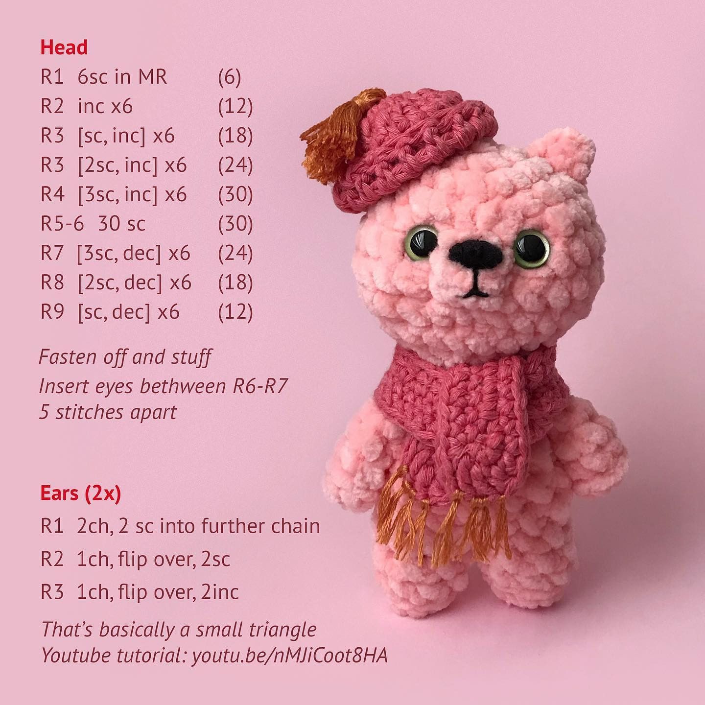 Crochet pattern of a pink bear wearing a hat and a scarf