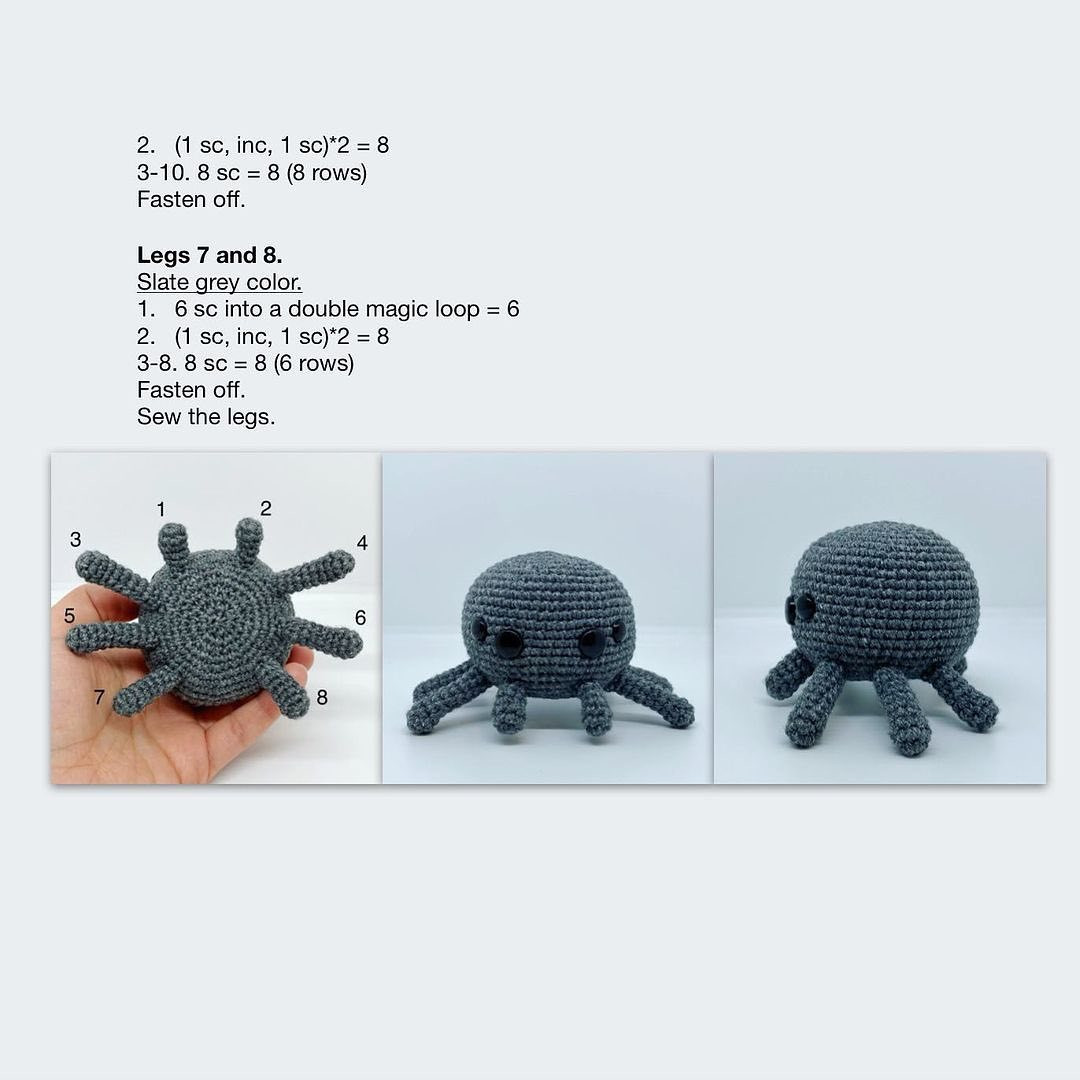 Crochet pattern of gray spider wearing a bow