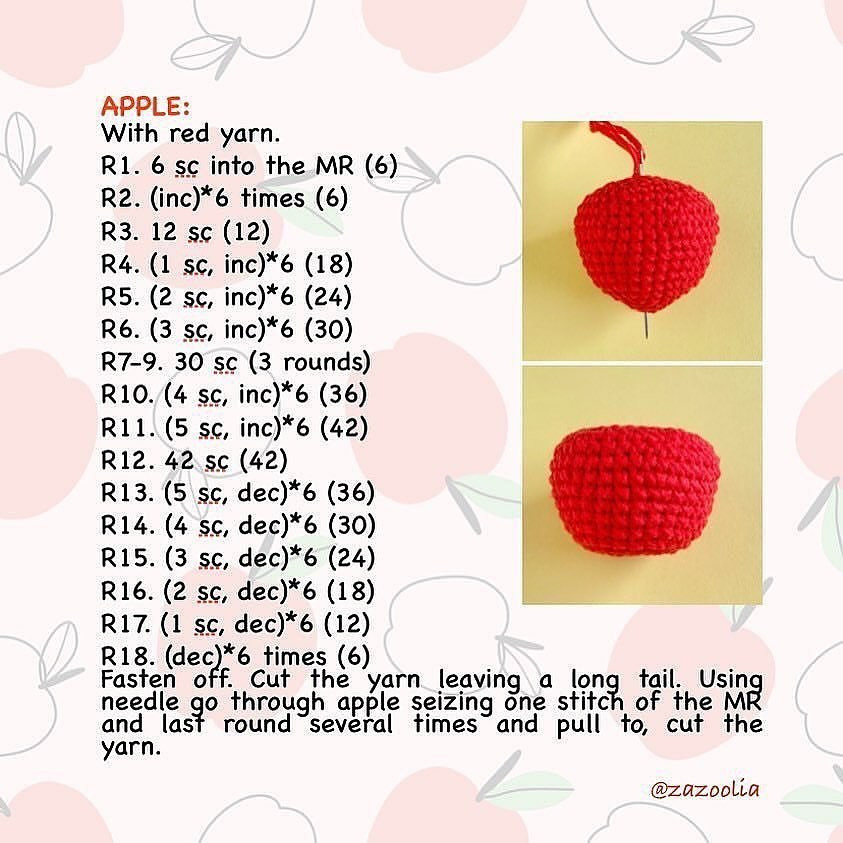 Crochet pattern of red apple and green leaves