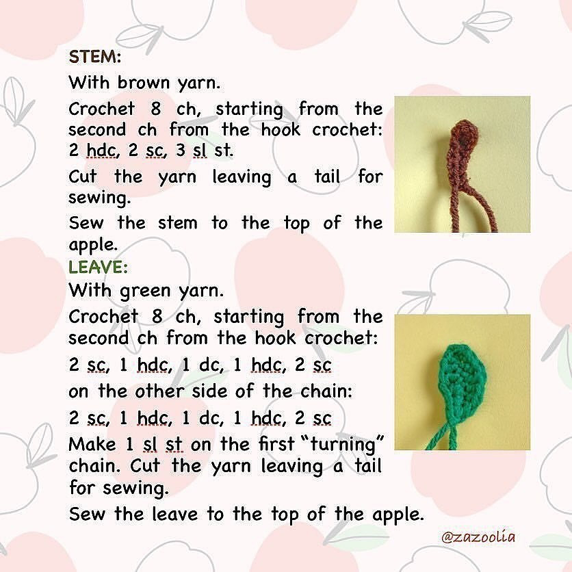 Crochet pattern of red apple and green leaves