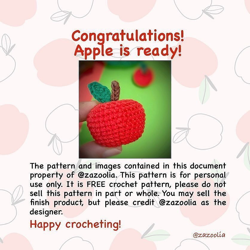 Crochet pattern of red apple and green leaves