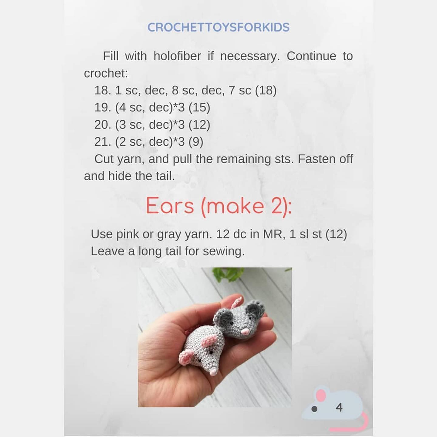 Gray mouse crochet pattern with pink ears