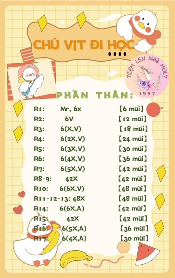 Hướng dẫn móc len móc khóa chú vịt đi học