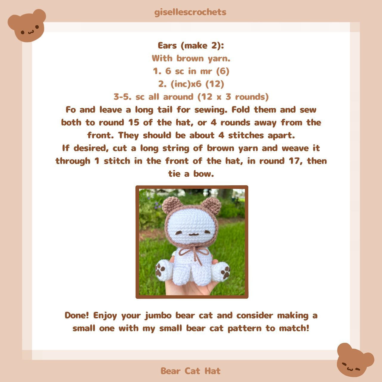 Jumbo Bear Cat Hat Pattern 🐱🐻 (accessory for my Floral Cat pattern)