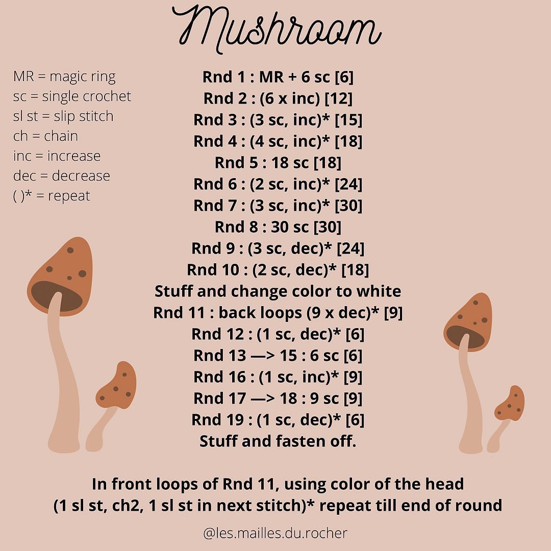 Mushroom hat crochet pattern in pink, orange, gray