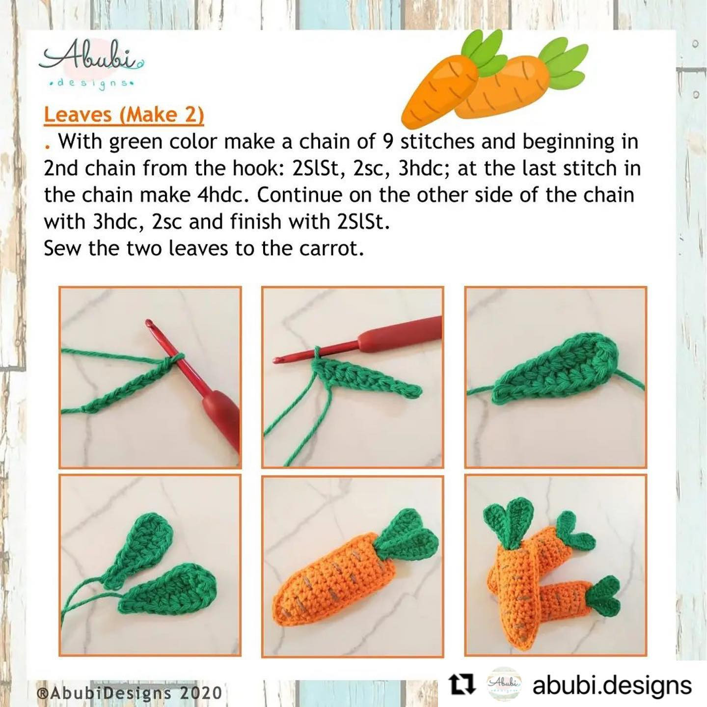 Orange carrot crochet pattern, green leaves