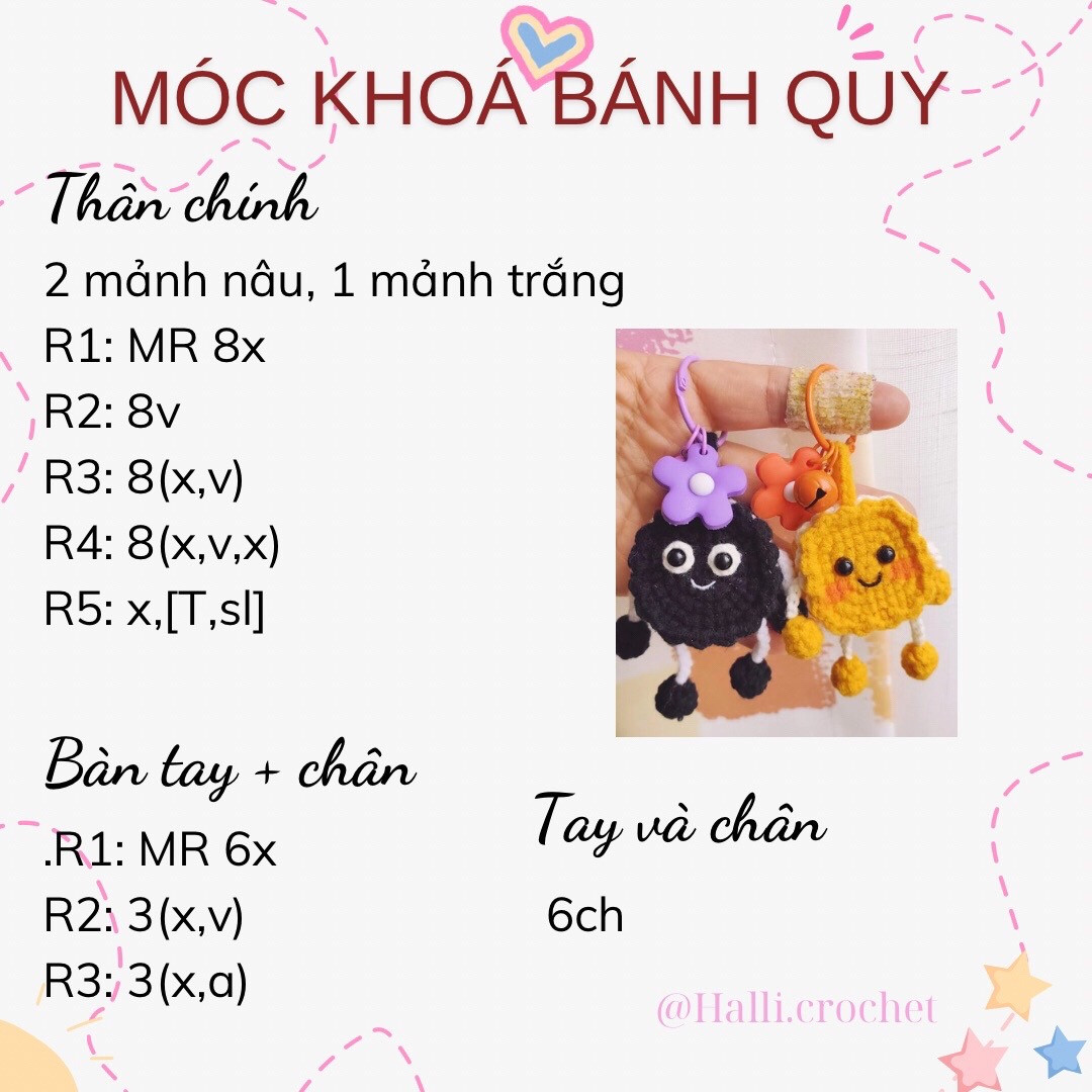 Chart Móc len móc khóa bánh quy màu đen và màu vàng.