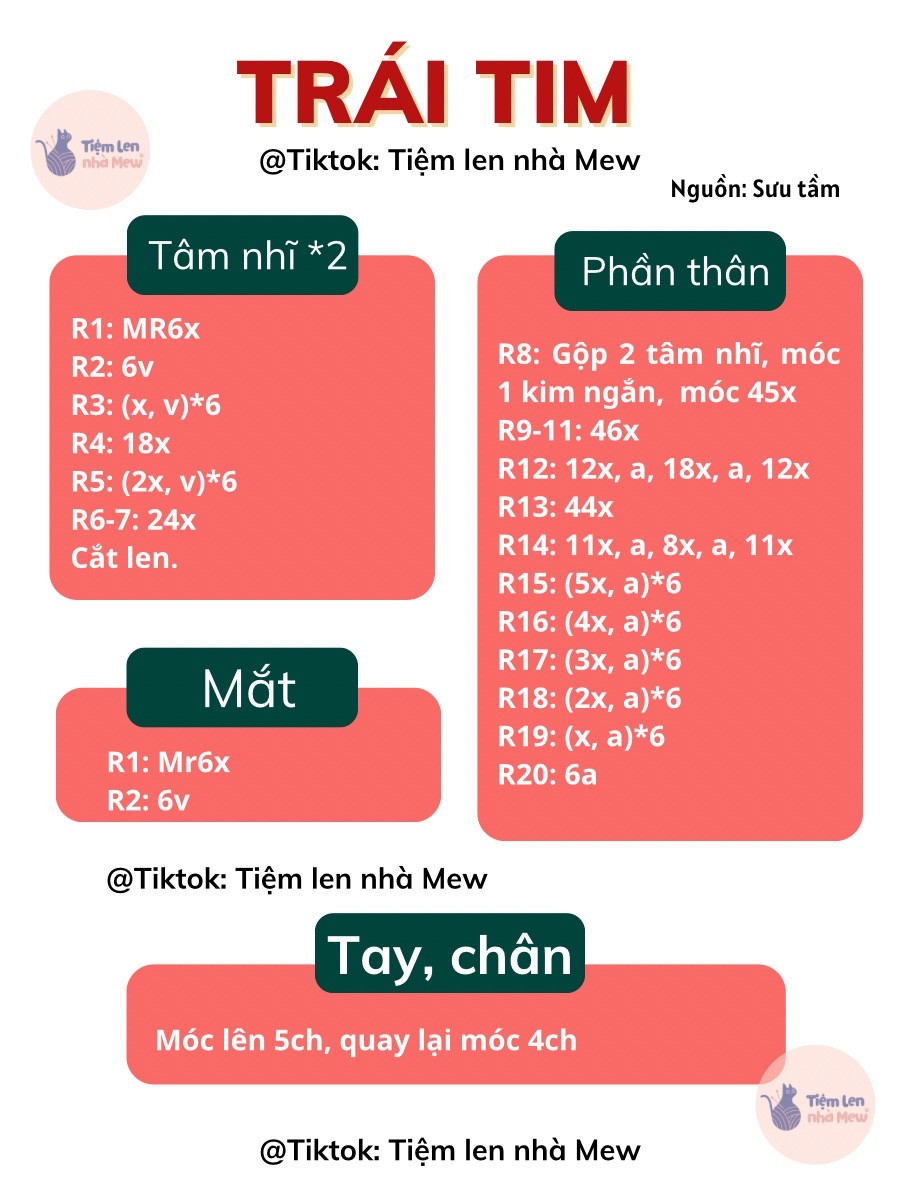 chart móc len móc khóa trái tim với chân và tay.