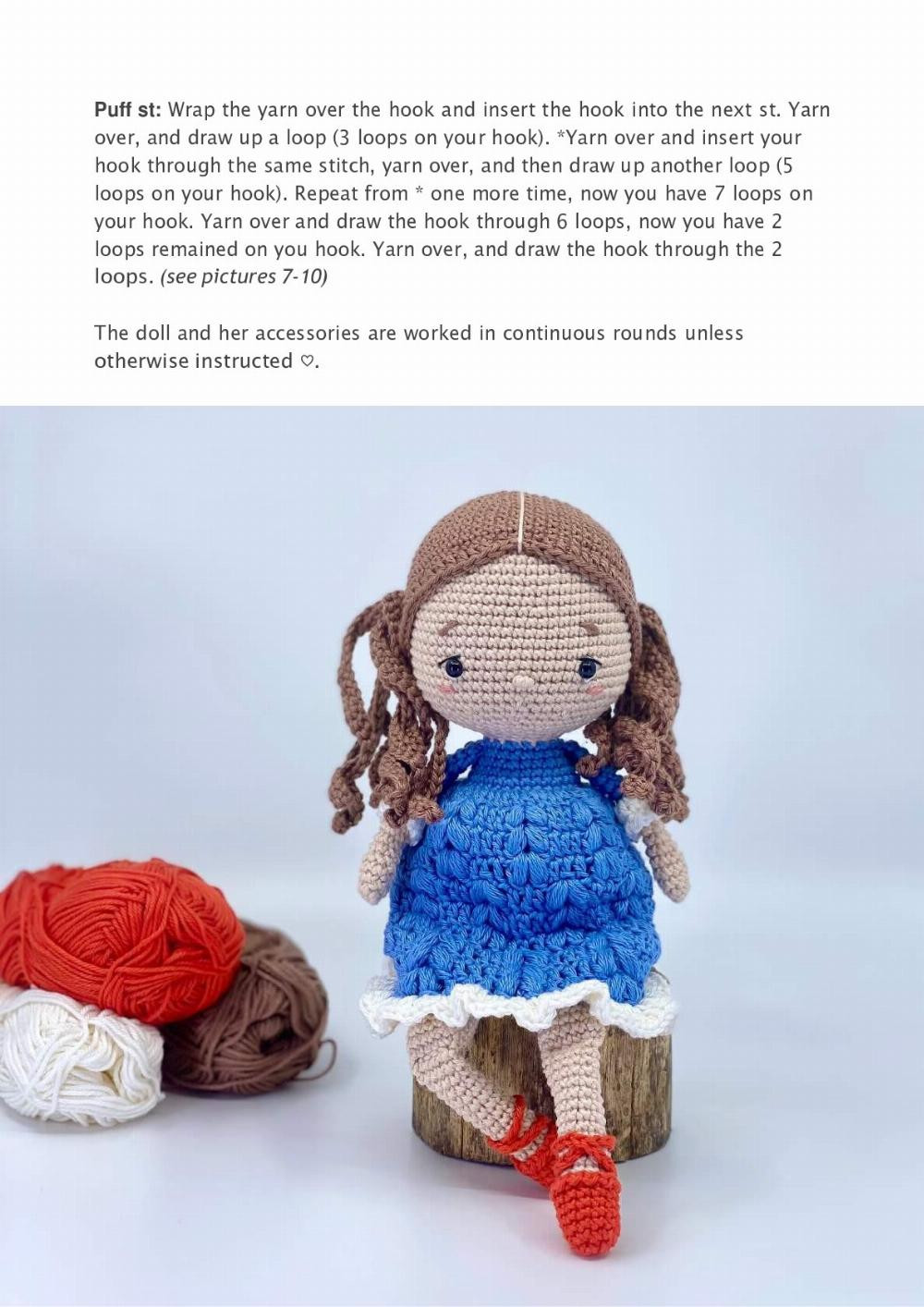 Crochet pattern for a little girl doll wearing a dress