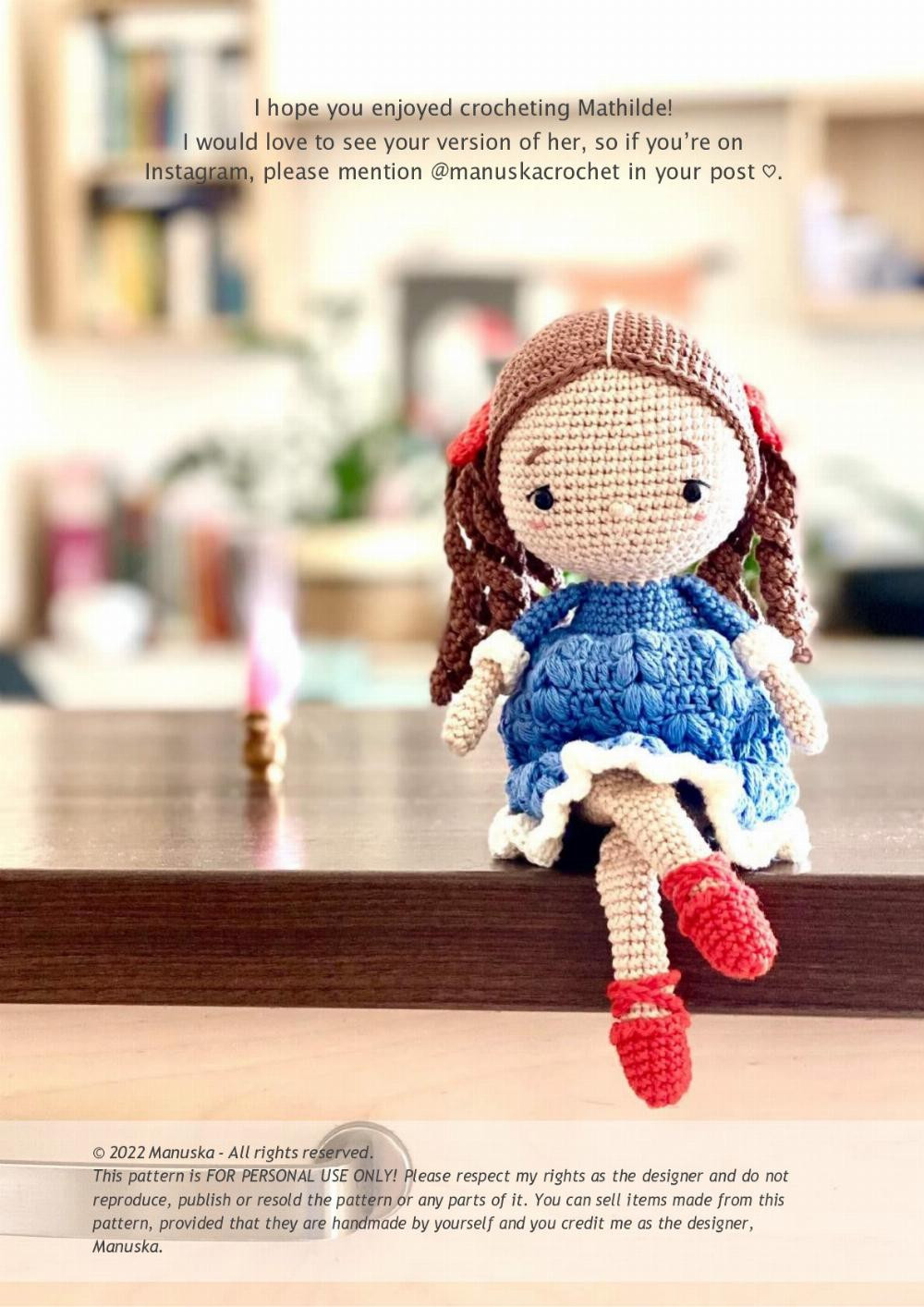 Crochet pattern for a little girl doll wearing a dress