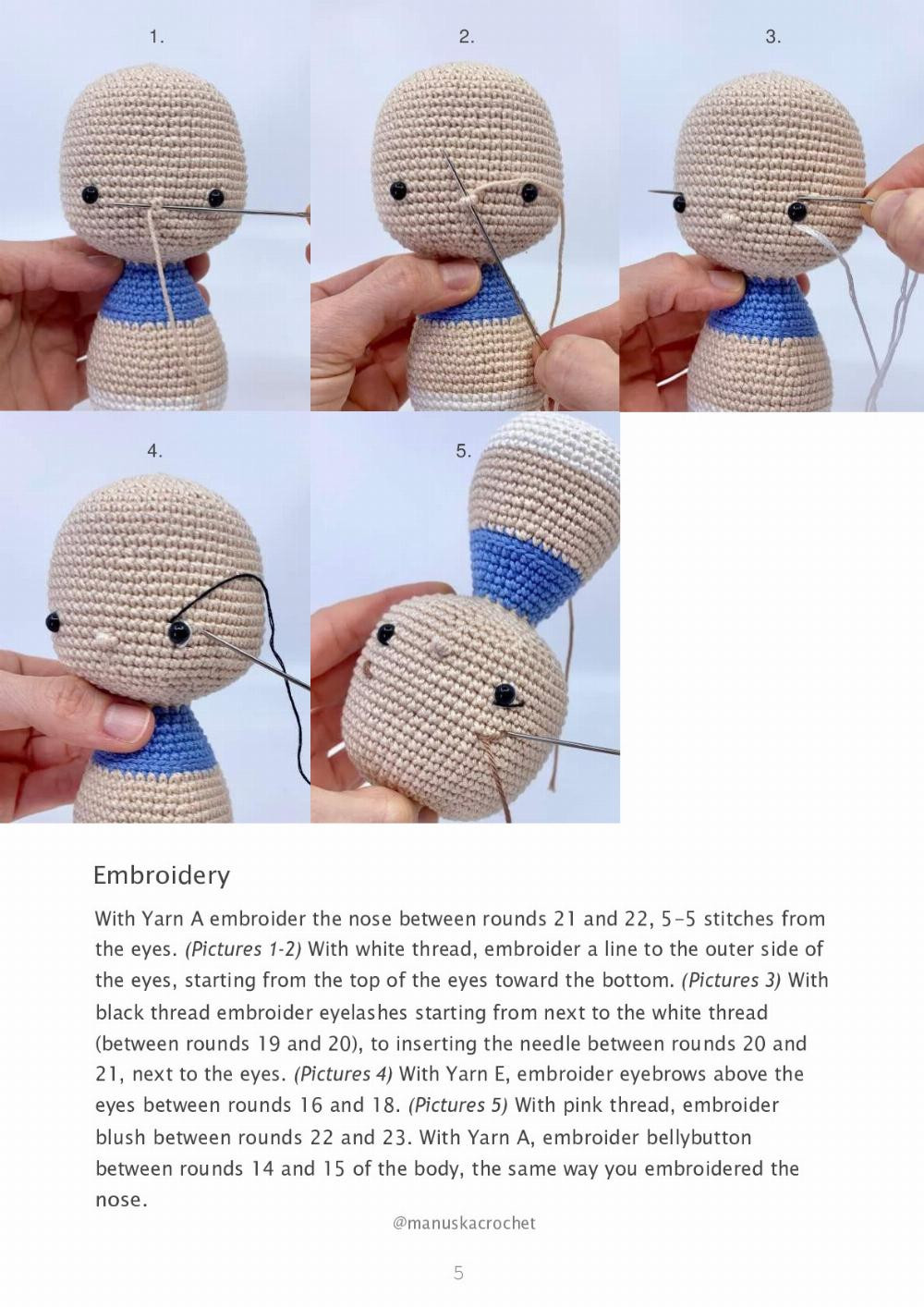 Crochet pattern for a little girl doll wearing a dress