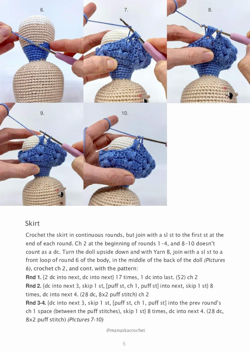 Crochet pattern for a little girl doll wearing a dress