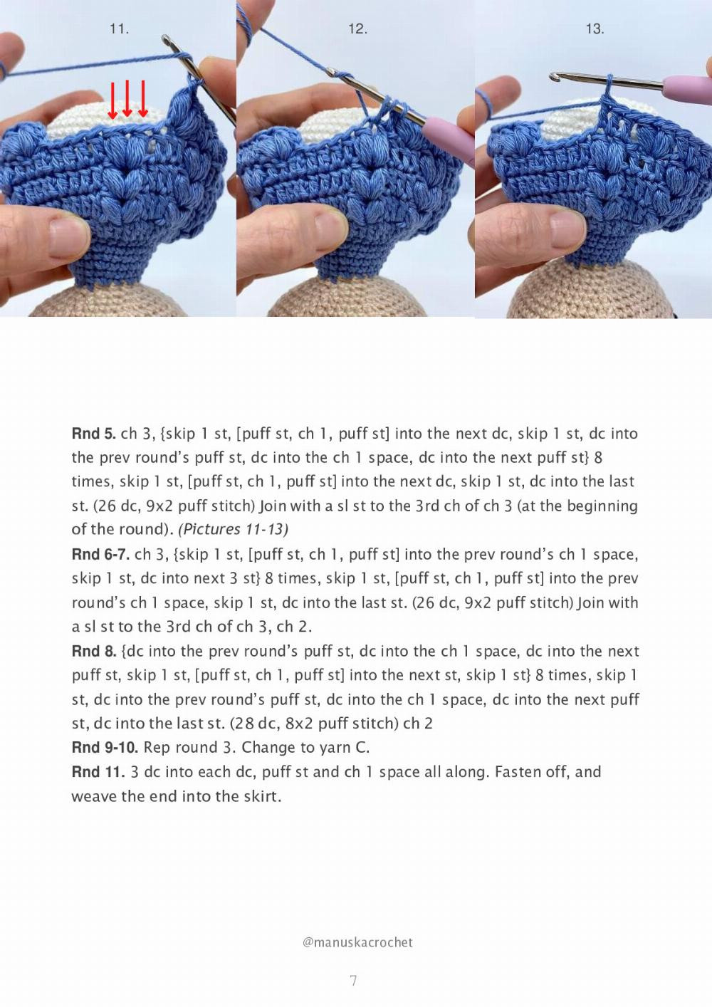 Crochet pattern for a little girl doll wearing a dress