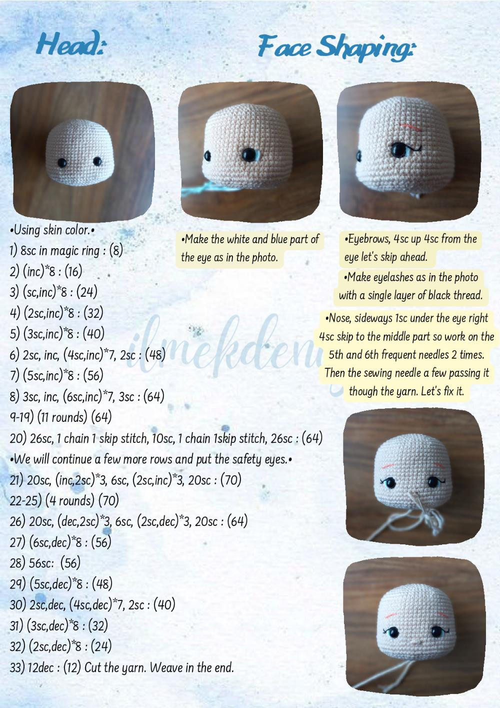 Crochet pattern for a red-haired doll wearing a dress