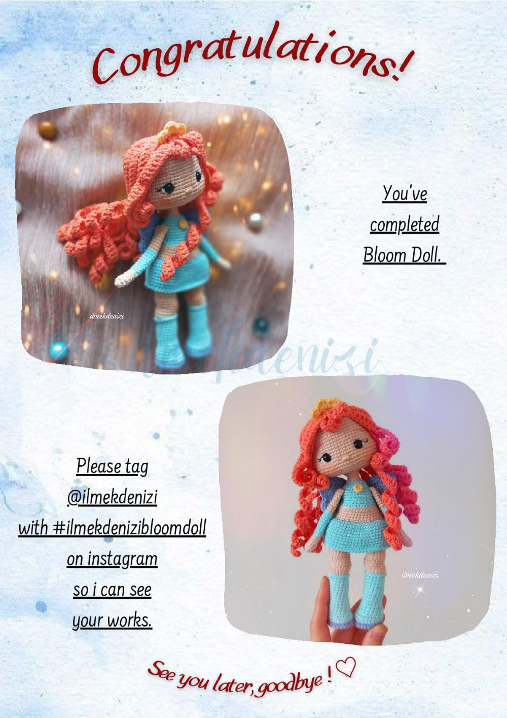 Crochet pattern for a red-haired doll wearing a dress