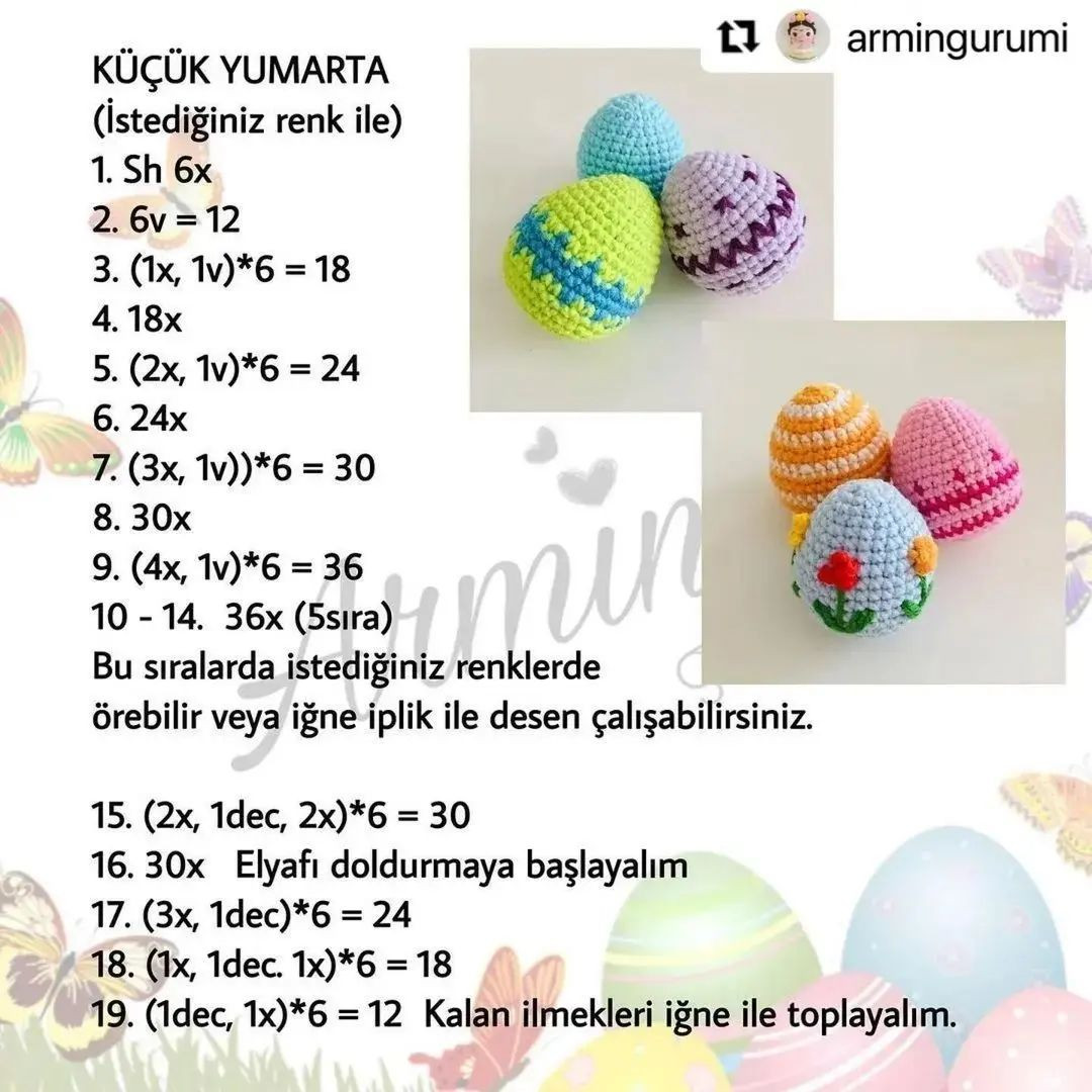 ekibi olarak renkli yumurtalarımla bende baharı selamlıyorum. 🐣 Örmesi pratik, renklerini hayal gücünüze bıraktığım sevimli yumurta tariflerimle karşınızdayım.. Sayfalarınızı da renklendirebilirsem ne mutlu bana ☺️