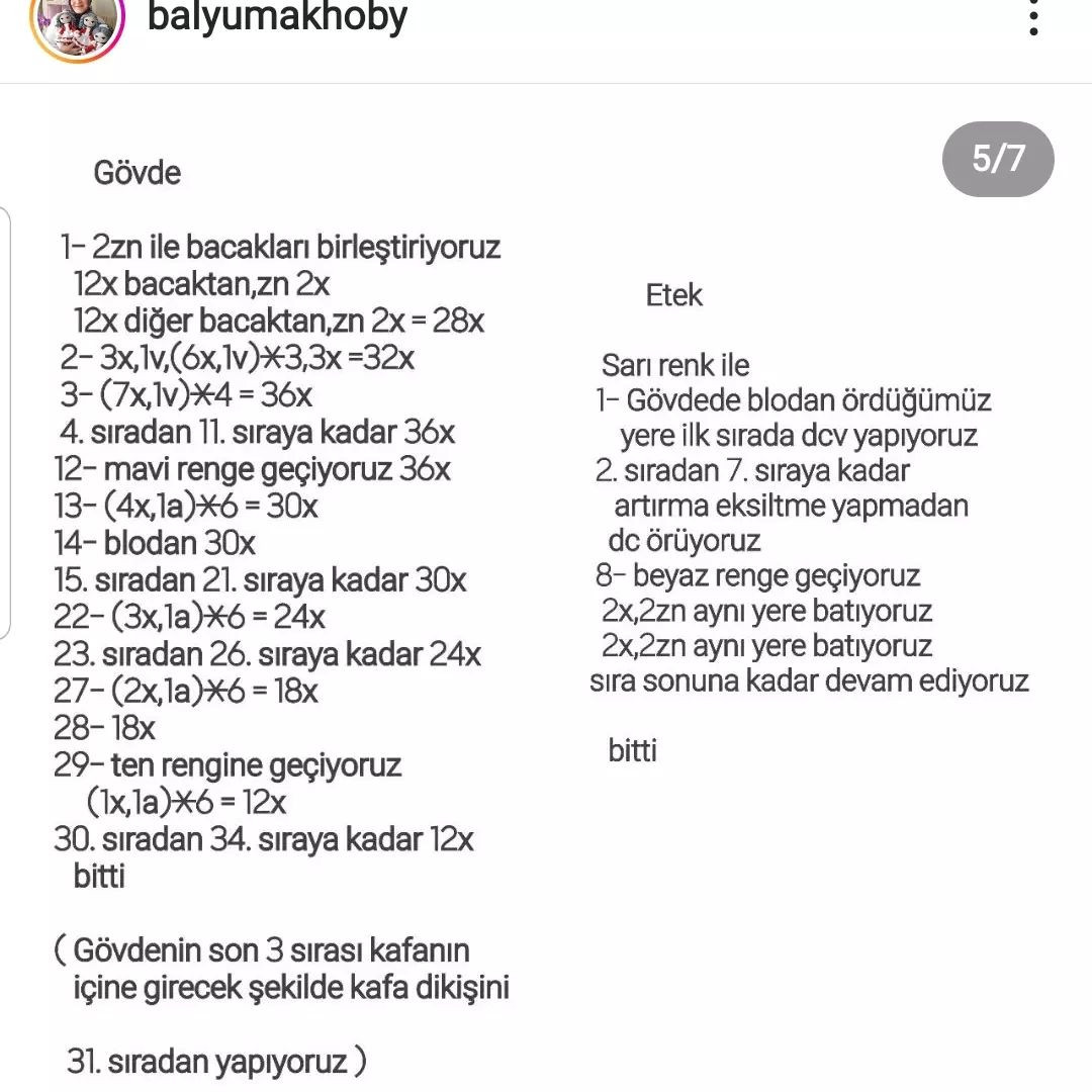 Elbise giyen Pamuk Prenses bebek için tığ işi modeli.