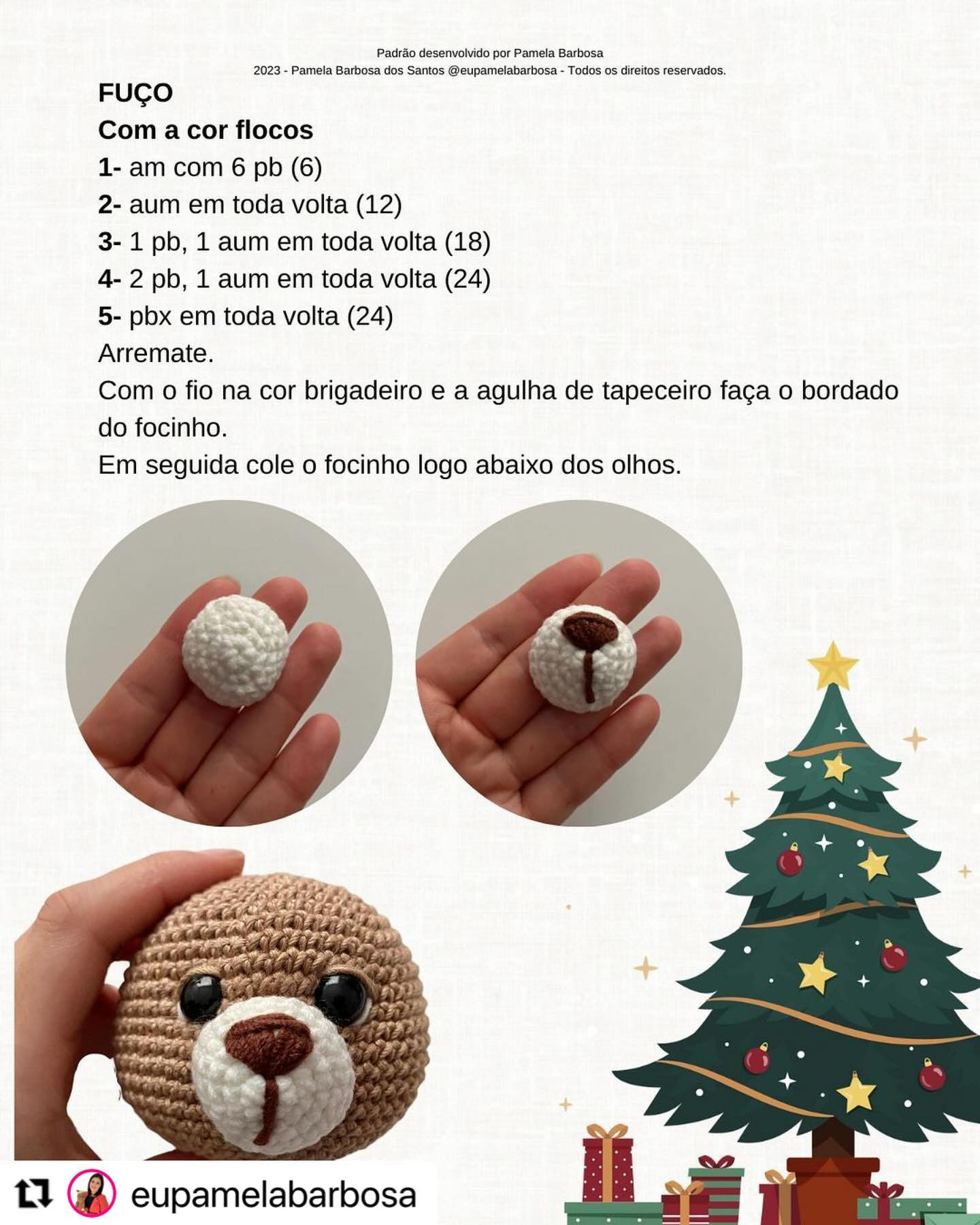 Padrão de crochê para uma cabeça de urso com chapéu de Papai Noel