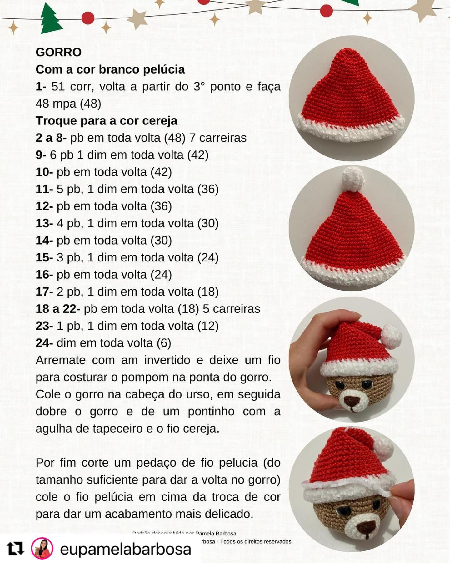 Padrão de crochê para uma cabeça de urso com chapéu de Papai Noel