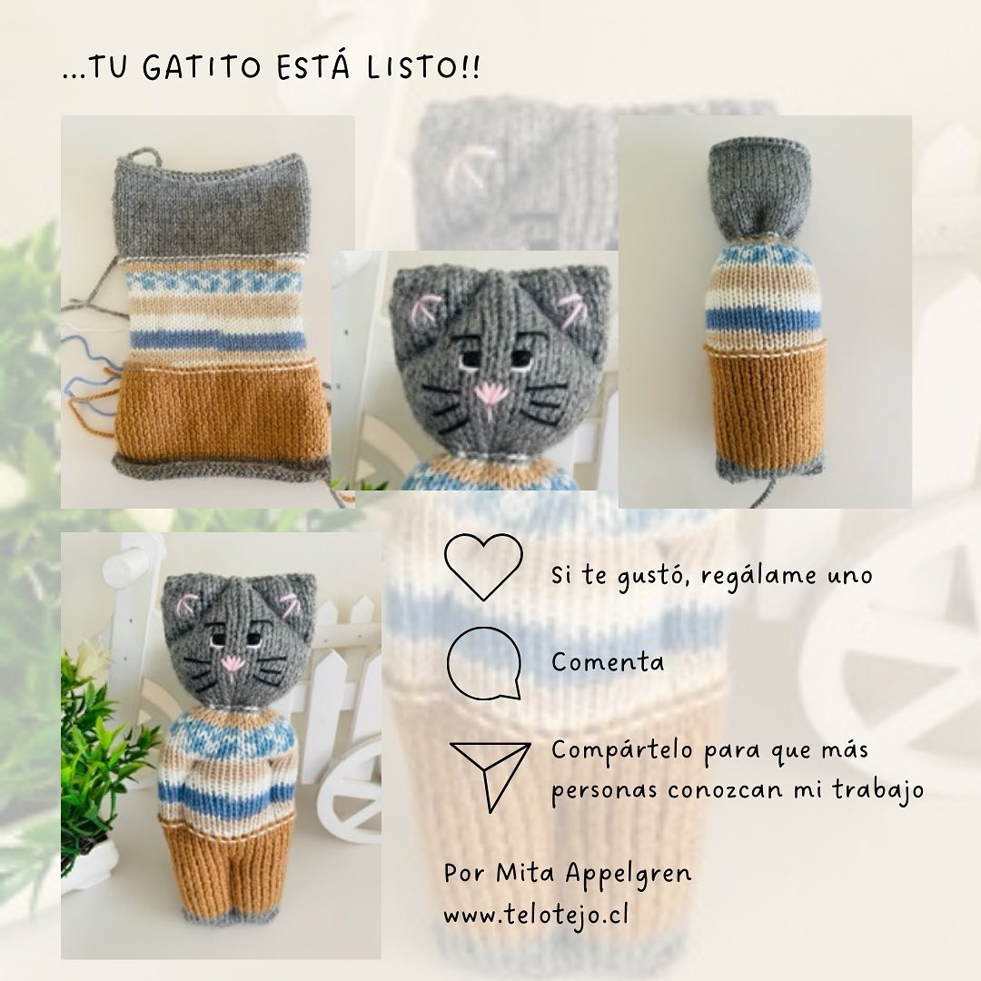 Patrón de crochet de gato gris con pantalón y camisa.